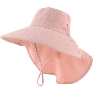 Women's Pink 100% Polyester Wide Brim Uv Protection Chin Strip Classic Beach Hat